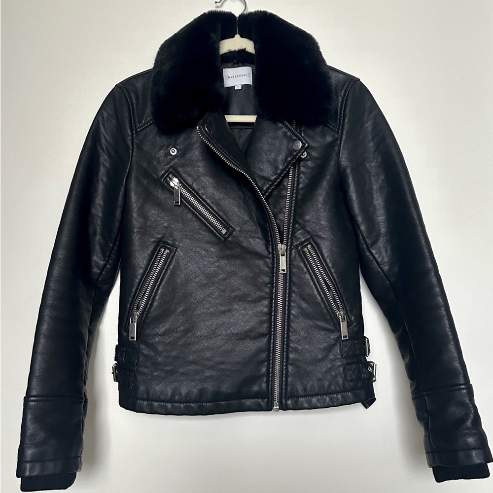 Warehouse London Faux Leather Biker Jacket with Faux Fur Shearling Neck